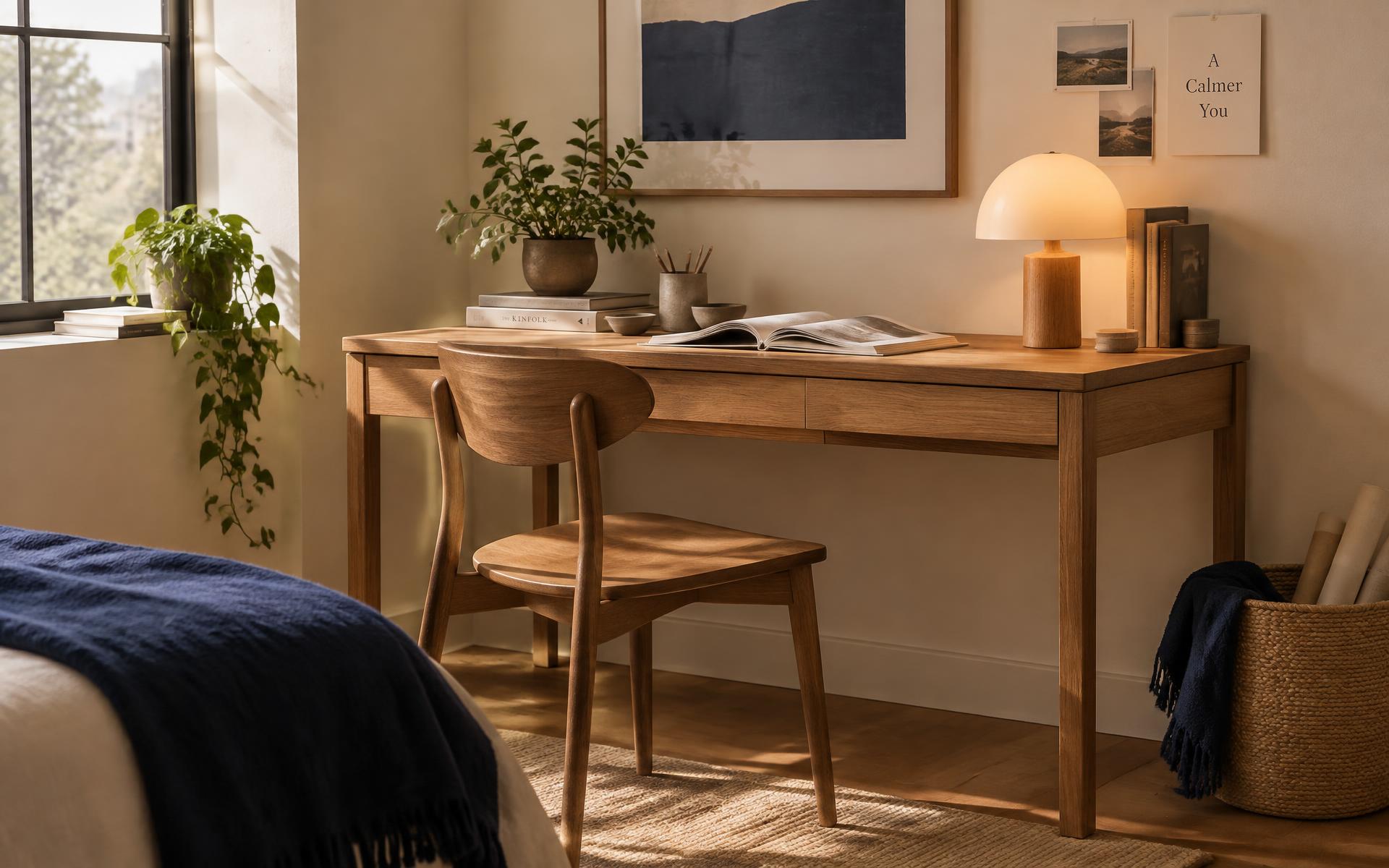Desk, chair and lamp together
